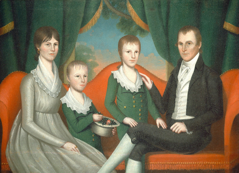 A historical family portrait painting of four people seated on an orange-red sofa against green curtains, with a painted landscape background. The woman wears a light gray dress, the two children wear green clothing with white ruffled collars, and the man wears a black coat and white waistcoat.