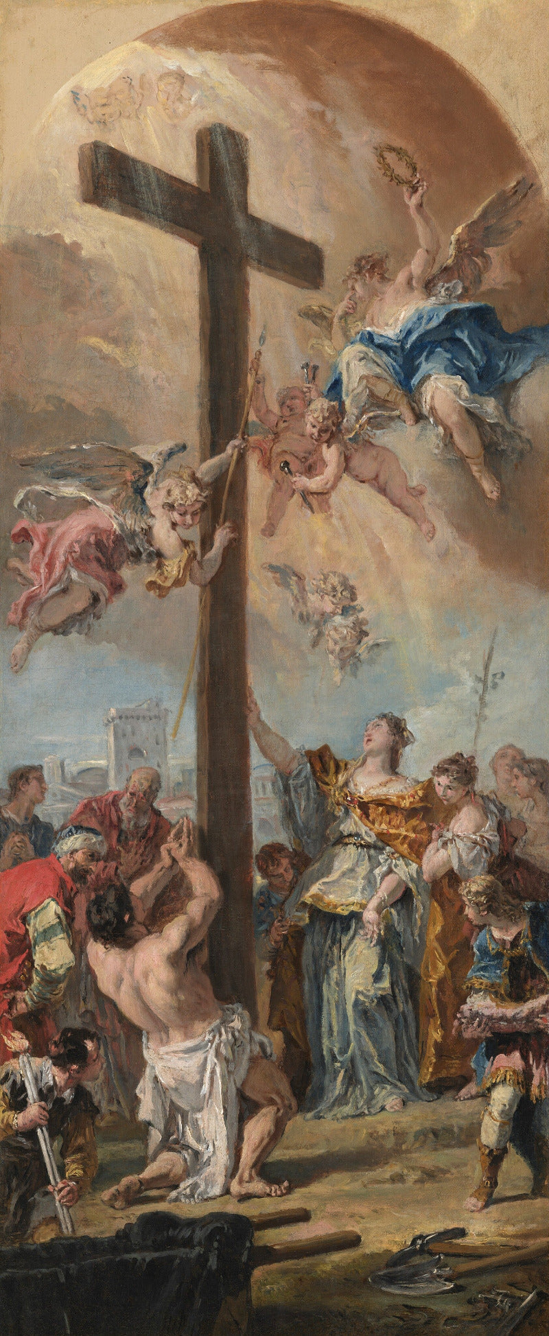 Baroque-style religious painting depicting a crucifix scene with a large wooden cross, angels, and multiple human figures in flowing garments against a dramatic sky.