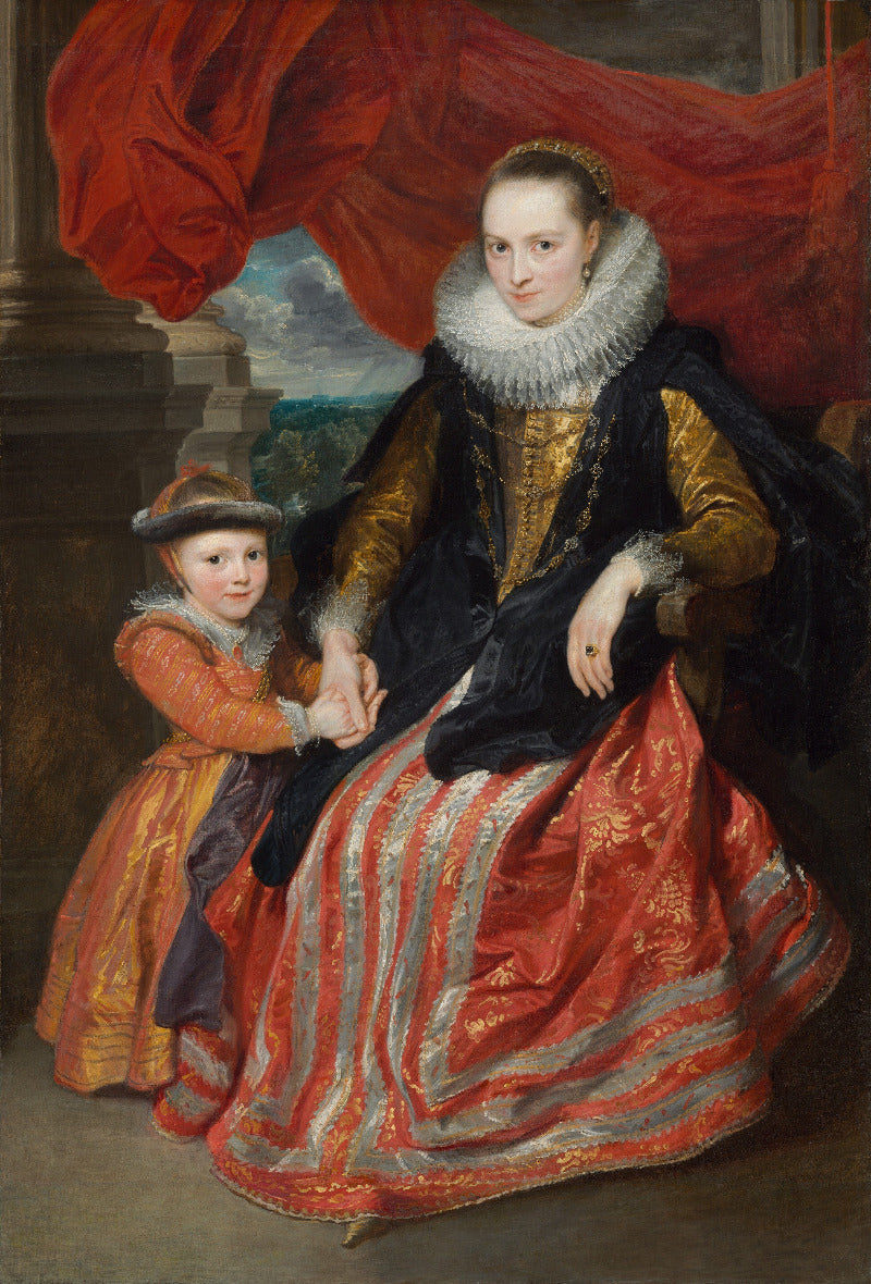 Portrait of a woman in elaborate clothing with a child, set against a red curtain.