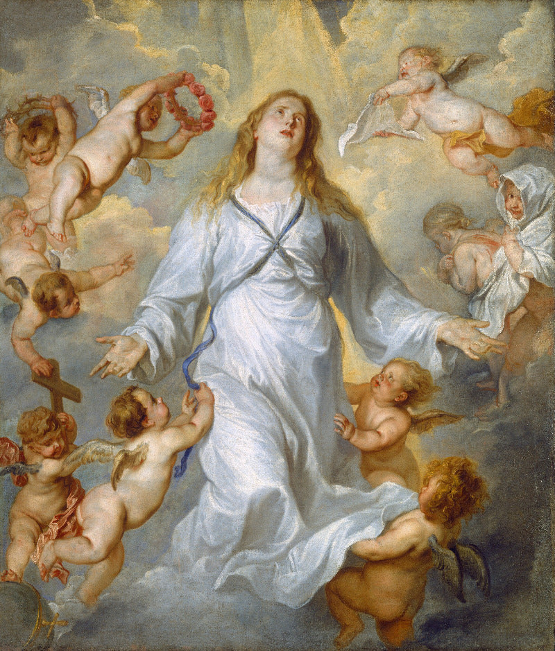 Painting of a woman in a white robe surrounded by cherubs in an angelic setting