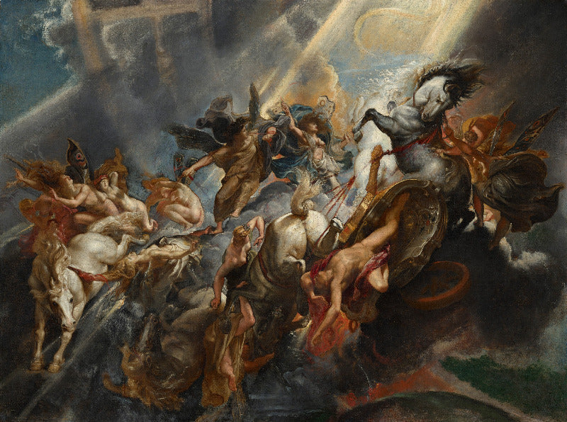 Mystical scene with winged figures and horses in a dark, cloud-filled sky