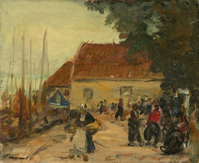 Impressionist-style painting of a village street scene with a large house, trees, and several people walking and gathering outdoors.