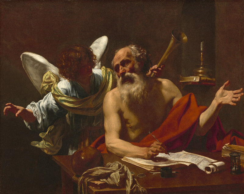 Baroque-style painting depicting a bearded man seated at a desk writing, draped in red cloth, with a winged angel in blue and gold robes beside him holding a trumpet. A lamp, papers, and books are visible on the desk against a dark brown background.