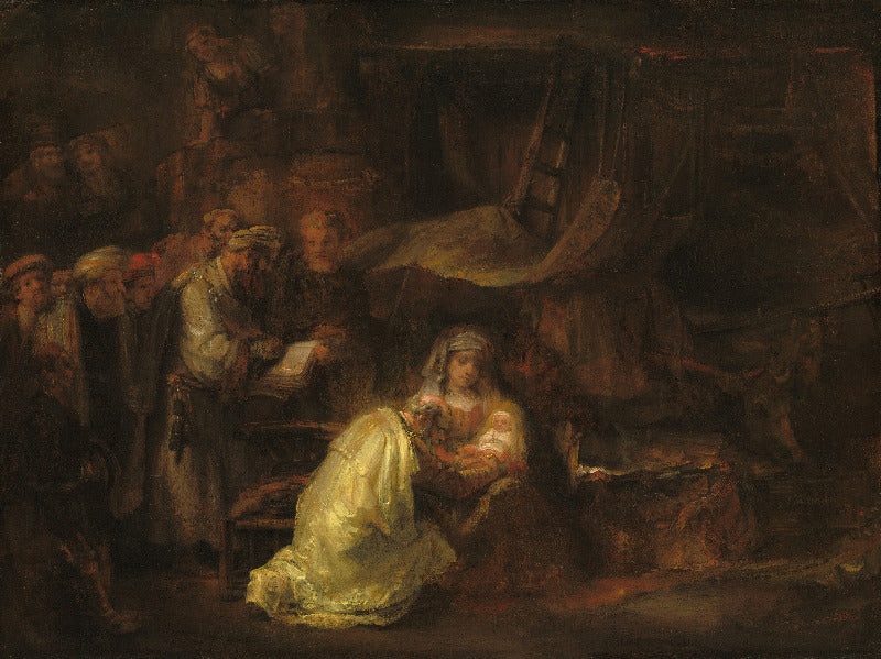 A dark, painterly scene showing several people gathered around a kneeling woman in a flowing pale yellow dress, with warm brown and black shadows across the composition.
