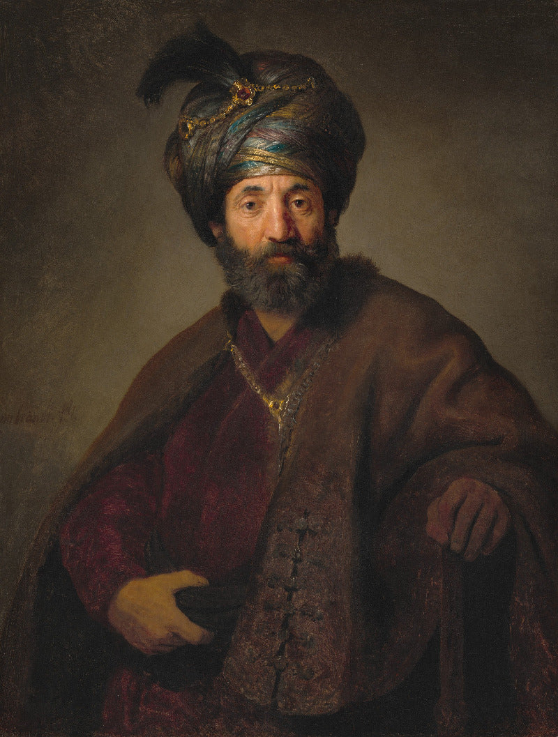 A classical oil painting portrait of an elderly man with a full beard, wearing a dark blue patterned turban with gold accents and a brown draped robe over a deep red garment, set against a dark brown textured background.