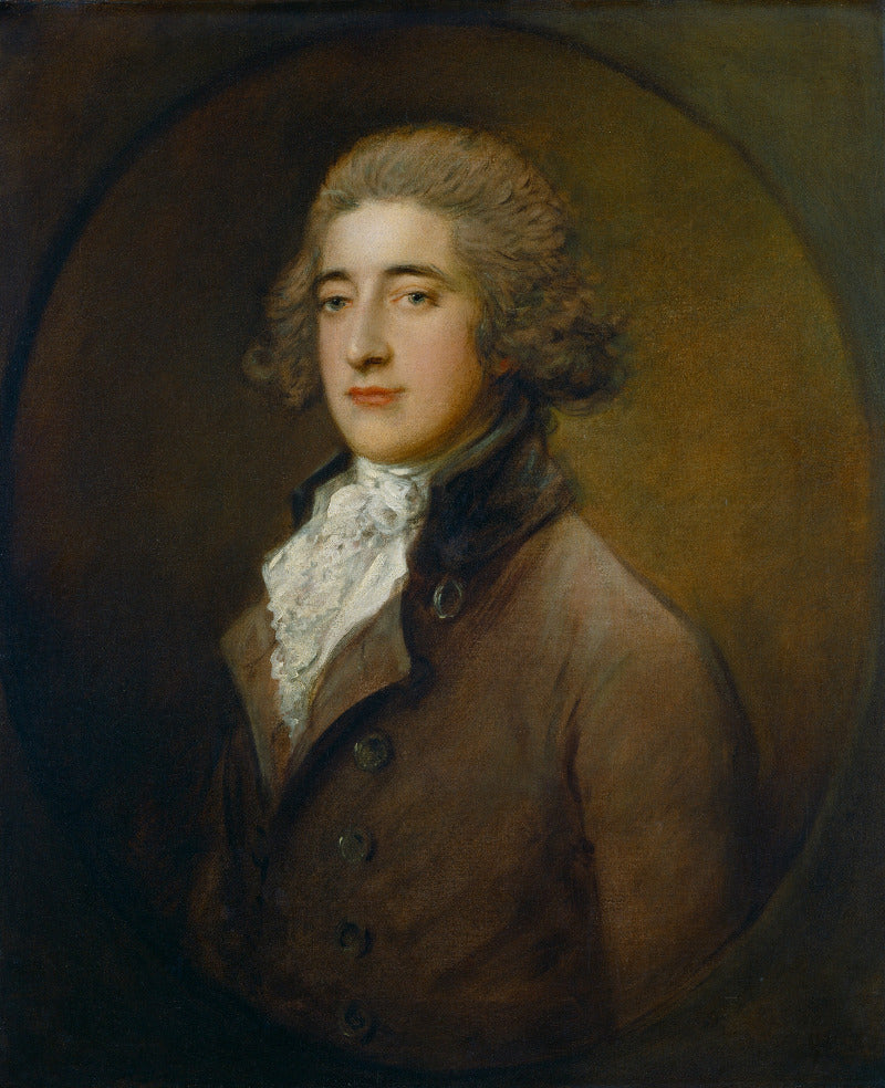 A classical oil portrait painting of a young man with powdered hair, wearing a brown coat and white lace cravat, set against a dark oval background.