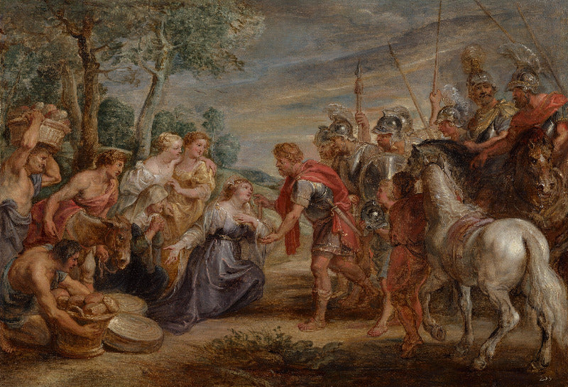 A classical painting depicting a dramatic outdoor scene with multiple human figures, some seated and some standing, including armored soldiers on horseback and a central woman in a dark blue dress reaching toward a man in a red cloak. Trees, earth, and a cloudy sky fill the background.