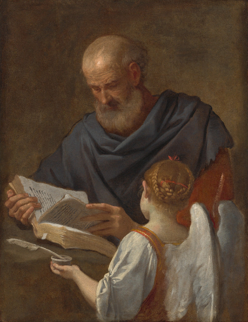 A classical painting depicting an elderly bearded man in a blue robe reading to a small angel child with white wings, set against a dark brown background.