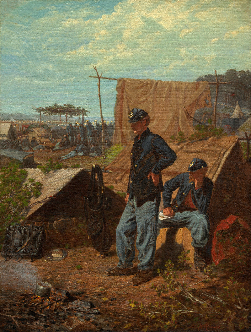 A historical oil painting depicting Union soldiers at a camp, with one standing soldier in a blue uniform looking toward the horizon and another seated soldier writing, set against a canvas tent and a distant battlefield.