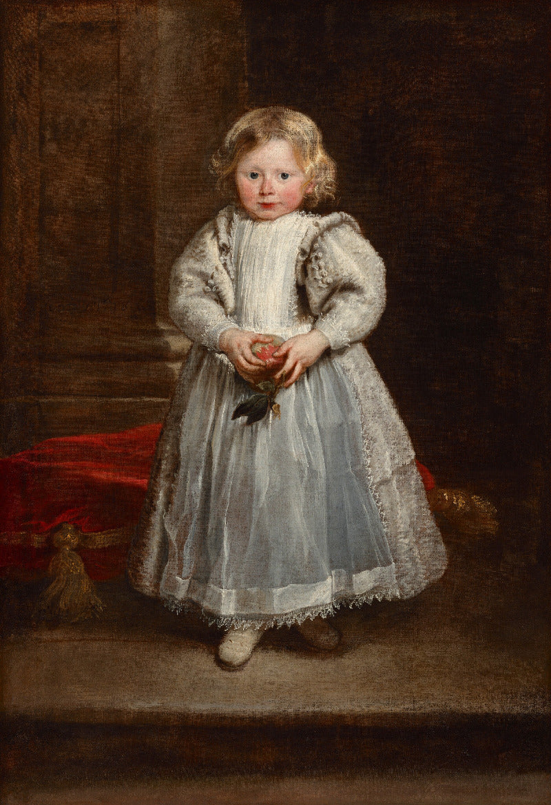 A classic oil painting portrait of a young blonde child in a white lace dress and grey fur-trimmed coat, holding a small red apple, set against a dark brown background with a red draped fabric on the left.