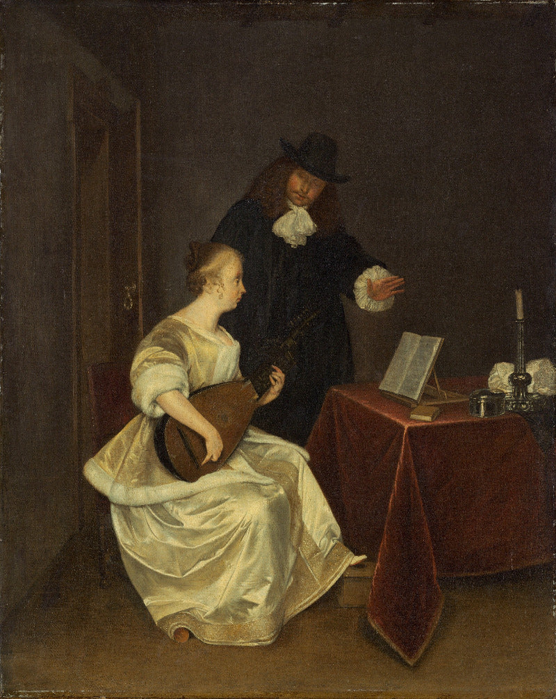 A classical painting depicting a seated woman in a pale gown playing a lute while a man in a dark robe stands behind her at a table with an open book and candle.