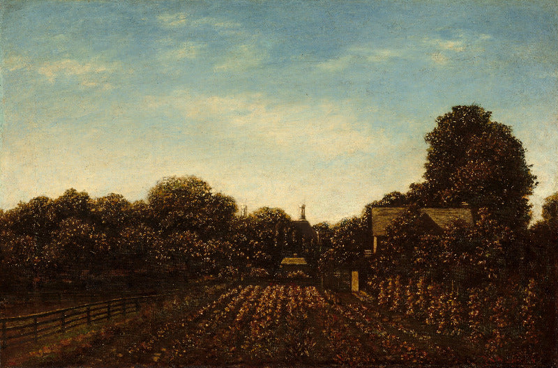 A landscape painting depicting a rural scene with rows of crops in the foreground, dense trees, a small house, and a pale blue sky with soft clouds.