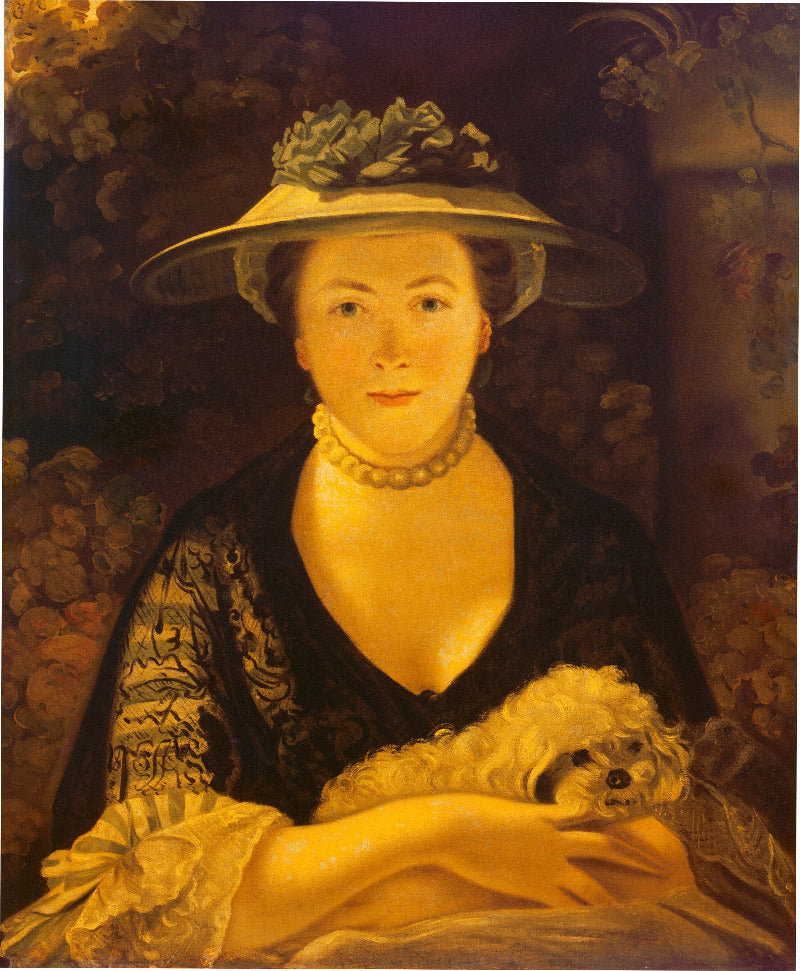 A warm-toned portrait painting of a woman in a dark dress and wide hat, holding a small white dog, with a dark floral background.