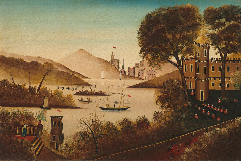 A vintage-style landscape painting depicting a harbor scene with boats on the water, hills in the background, trees, and a large castle on the right side with a crowd gathered near it.