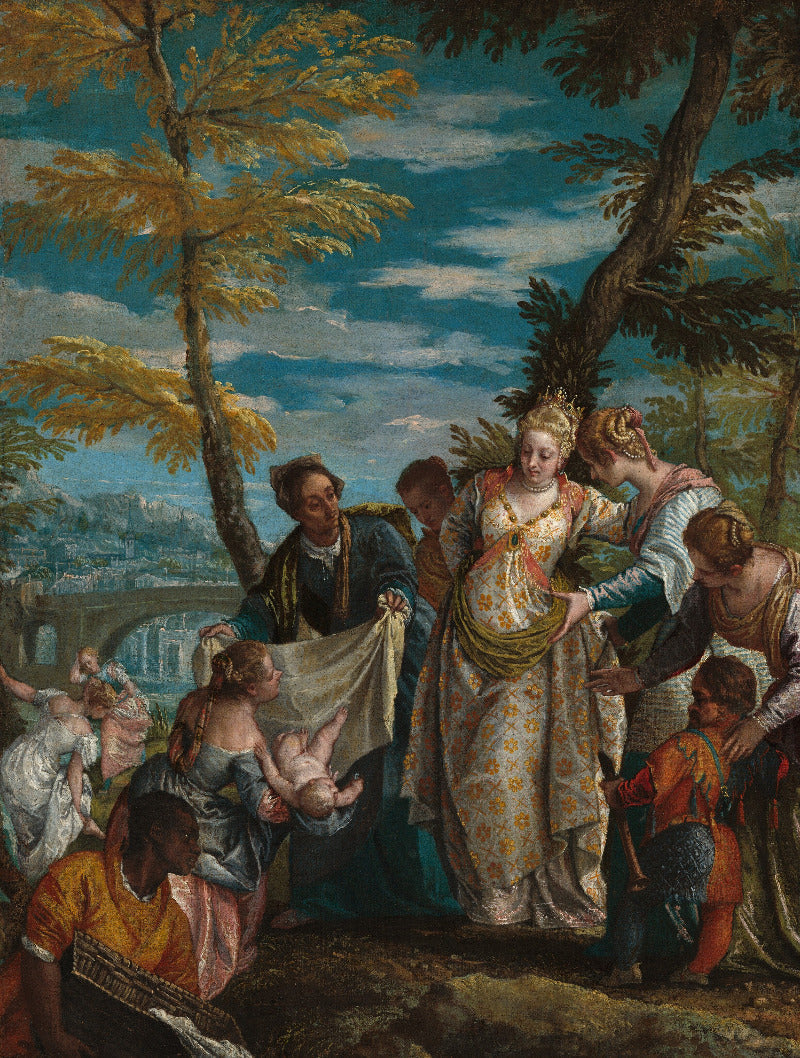 A classical oil painting depicting a group of figures in an outdoor landscape with trees, a bridge, and a blue sky. The central figures include a woman in a patterned gown holding a child, surrounded by others in historical clothing.