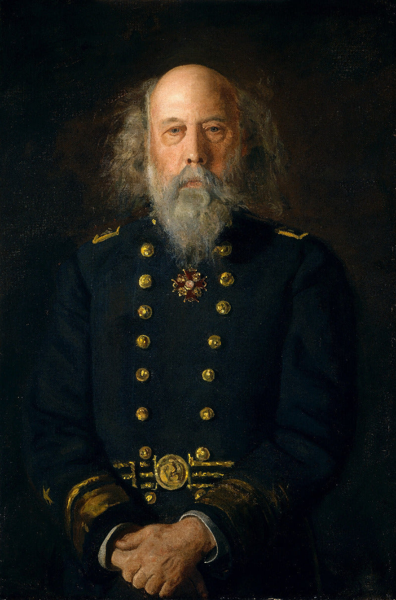 A classical oil painting portrait of an elderly bald man with a long white beard, wearing a dark military uniform with gold buttons and epaulettes against a dark background.