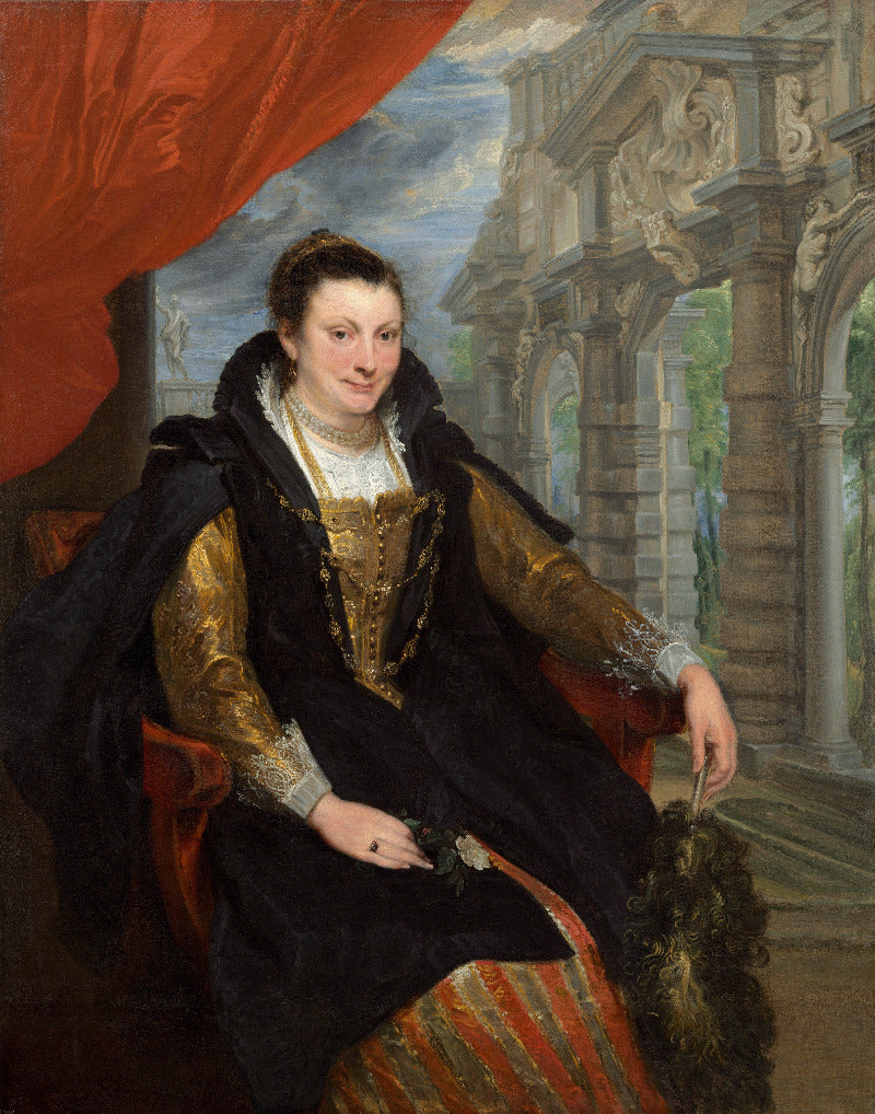 Portrait of a woman in formal attire with a classical architectural background