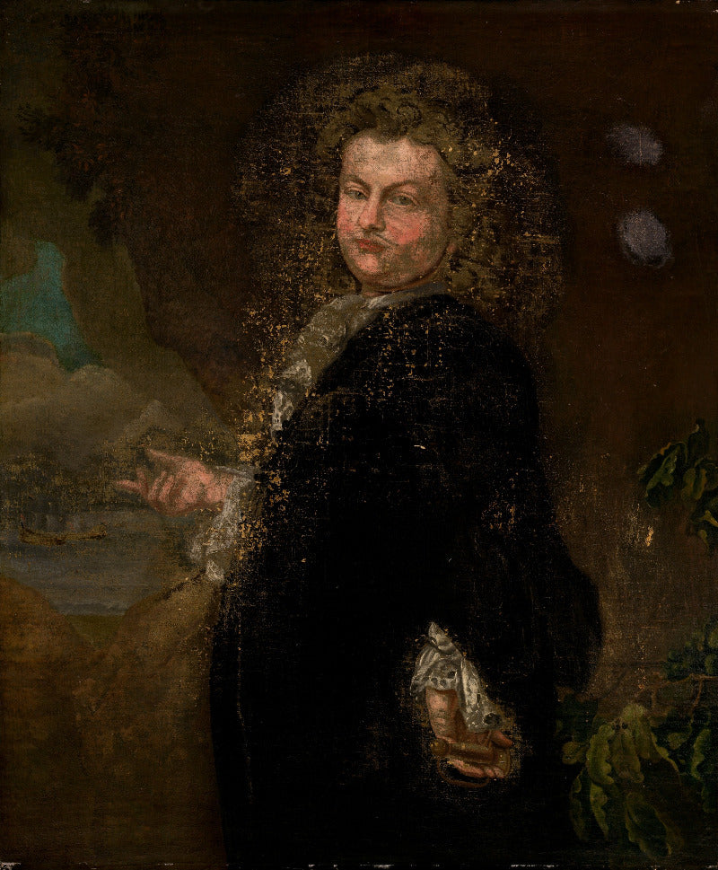 A dark, classical portrait painting of a man with a long curly wig, wearing a black robe and white collar, set against a moody brown background with foliage and a distant landscape.