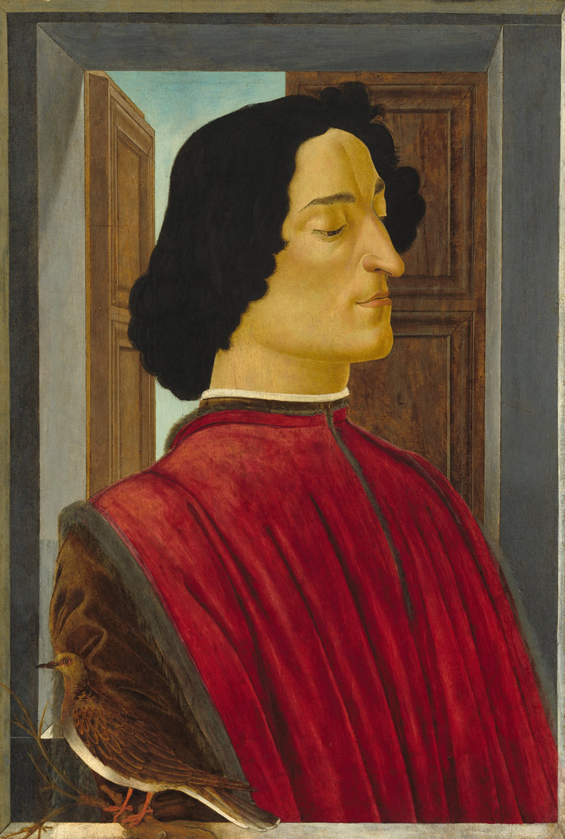 Portrait of a man in a red robe with a bird, framed by a dark border.