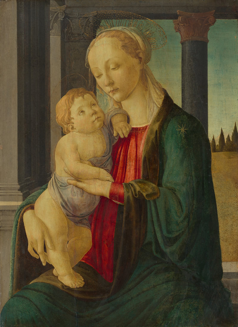 Renaissance-style religious painting showing the Virgin Mary holding the infant Jesus, with a dark green robe, red underlayer, and architectural background.