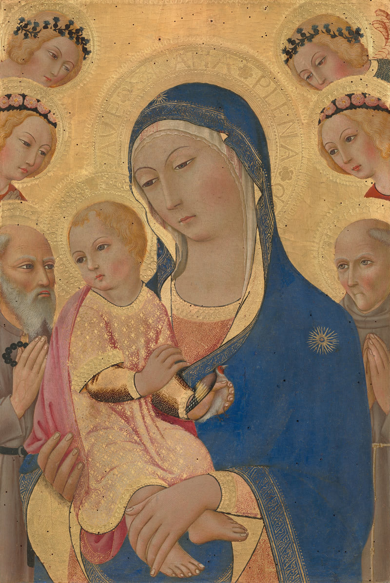 Painting of the Virgin Mary holding the Christ Child with four cherubic faces above, on a gold background.