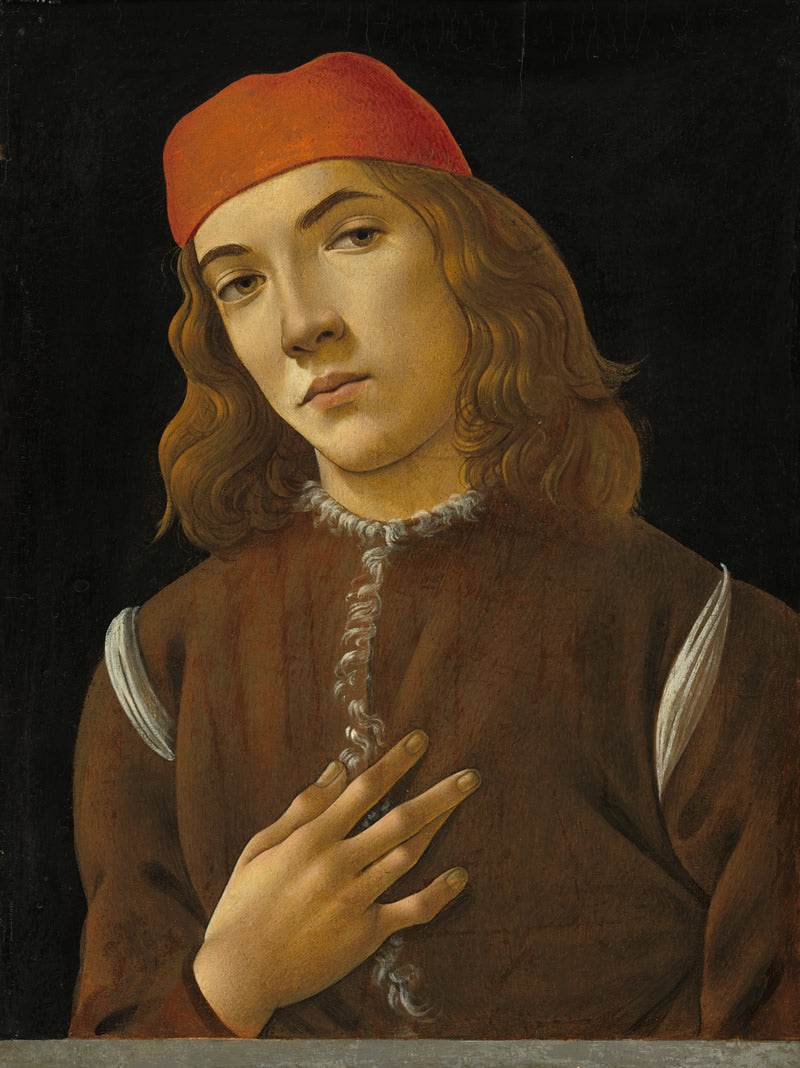 Renaissance-style portrait painting of a young man with long wavy light brown hair, wearing a red cap and brown tunic against a dark background.